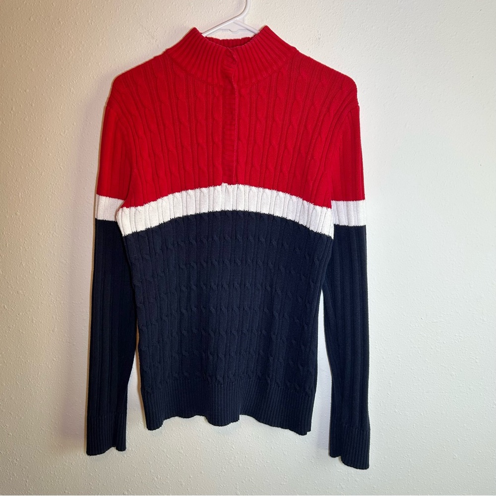 VTG Colorblock Sweater Women’s XL Ribbed Cable Knit Preppy Coastal Mock Neck Y2K